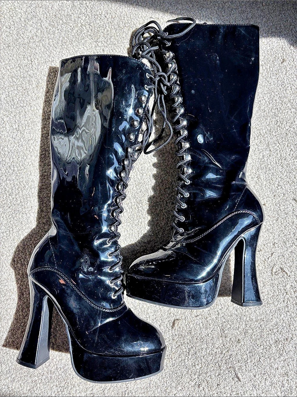 Ellie Shoes Glossy Black Lace-Up Platform Knee-high Boots US 7